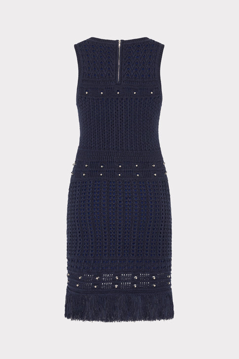 Navy Beaded Fringe Knit Shell Dress - Back View with Zipper | MILLY