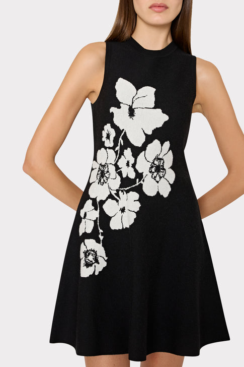 Floral Flare Knit Mini Dress Black/Ecru Image 3 of 5