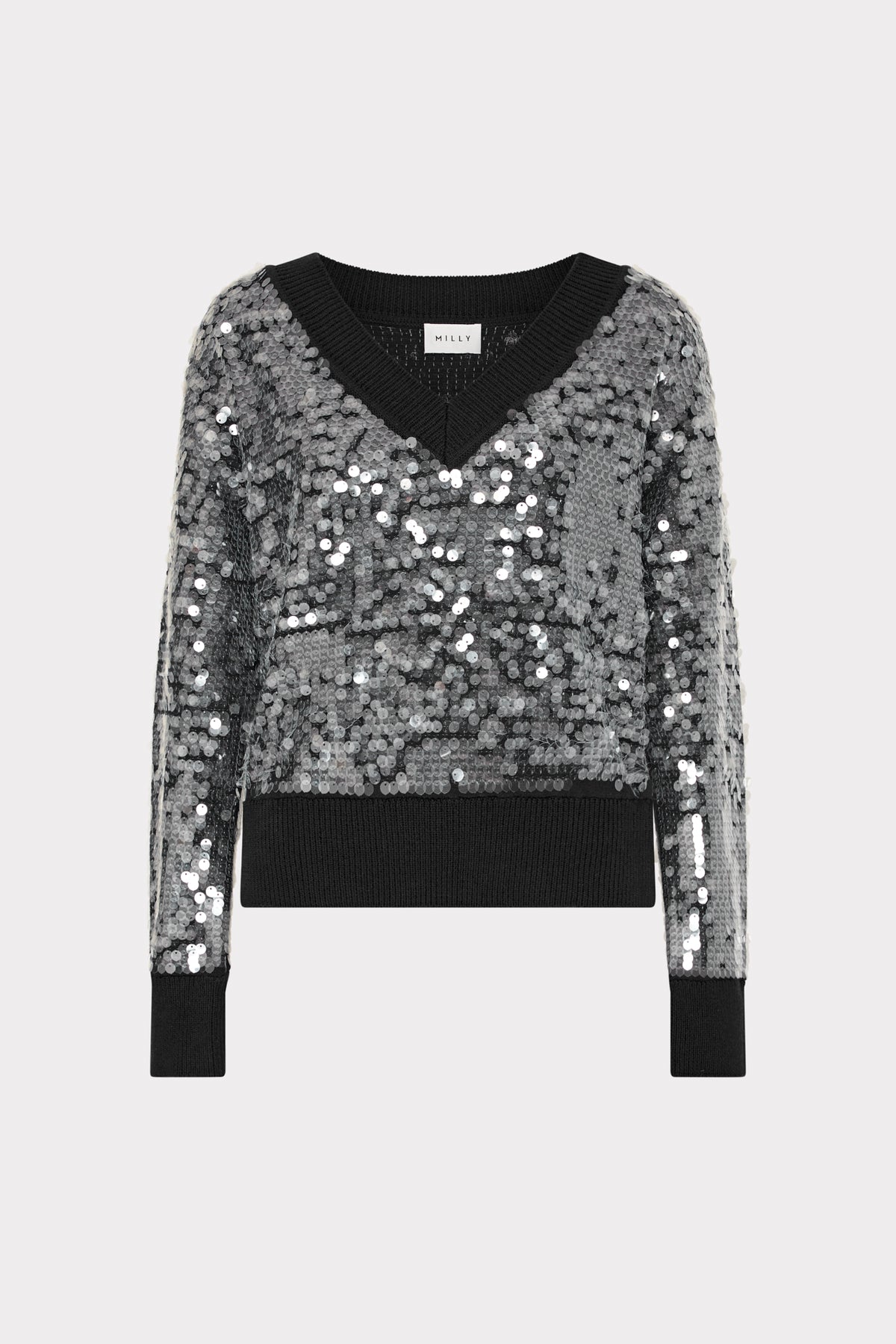 Black Sequin V-Neck Sweater with Silver Sequins - Front View | MILLY