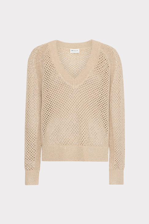 Sequin Mesh V-Neck Sweater Beige Image 1 of 4