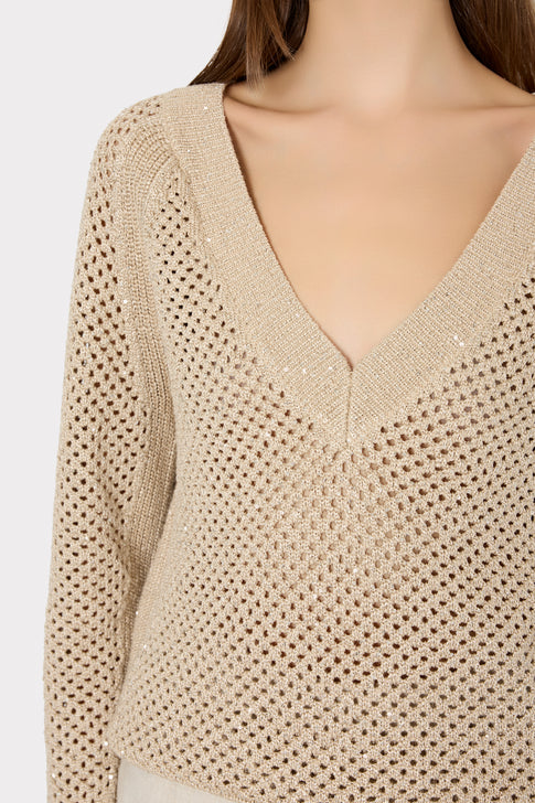 Sequin Mesh V-Neck Sweater Beige Image 3 of 4
