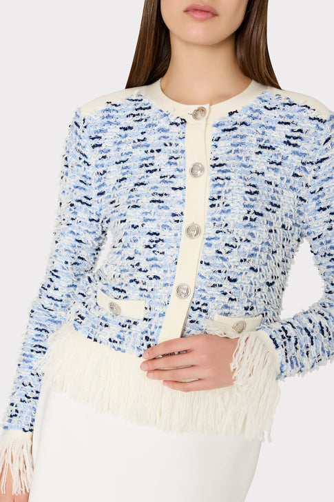 Textured Fringe Trim Cardigan Blue Multi Image 3 of 5