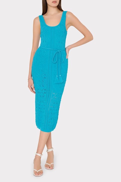 Bubble Pointelle Knit Midi Dress Bright Blue Image 2 of 5