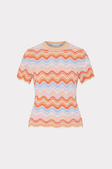 Scallop Wave Short Sleeve Top in Coral Pink Multi | MILLY