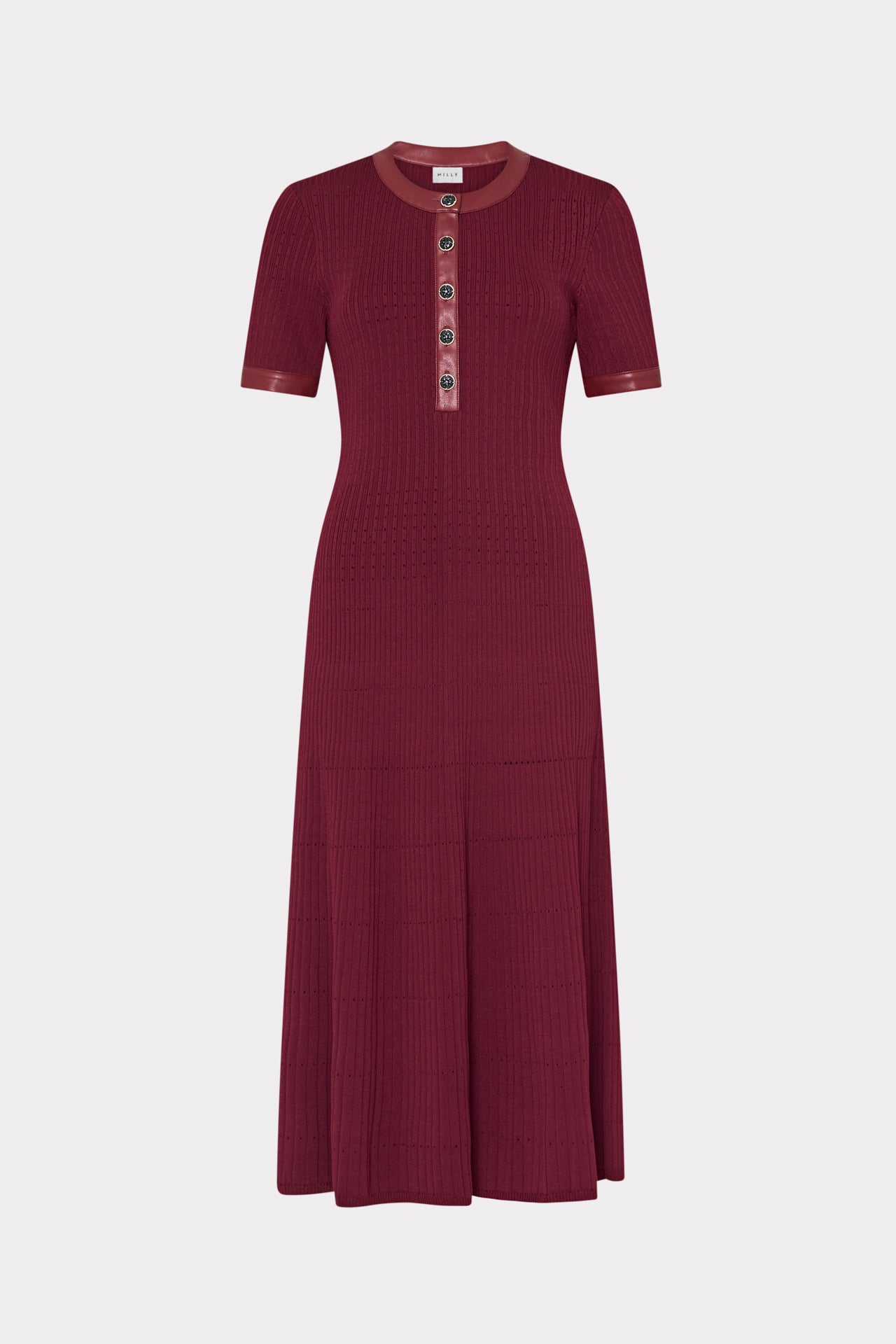Leather Detail Knit Midi Dress in Burgundy | MILLY Leather Detail Knit Midi Dress in Burgundy | MILLY