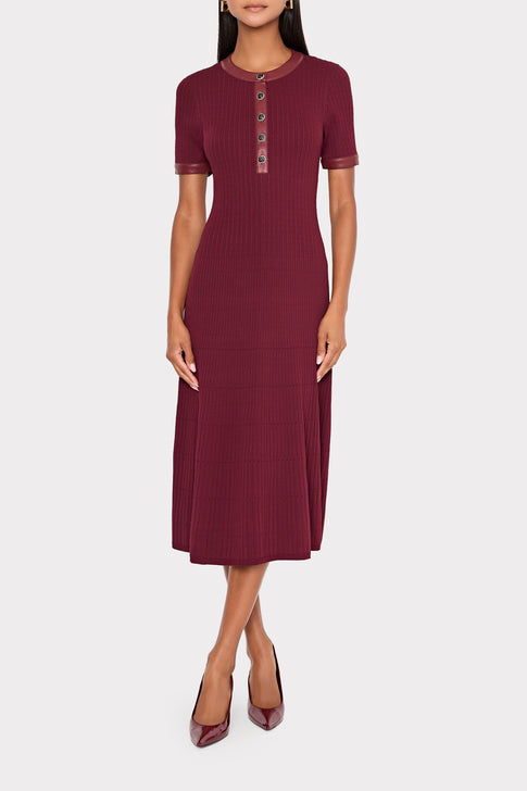 Leather Detail Knit Midi Dress Burgundy Image 3 of 5