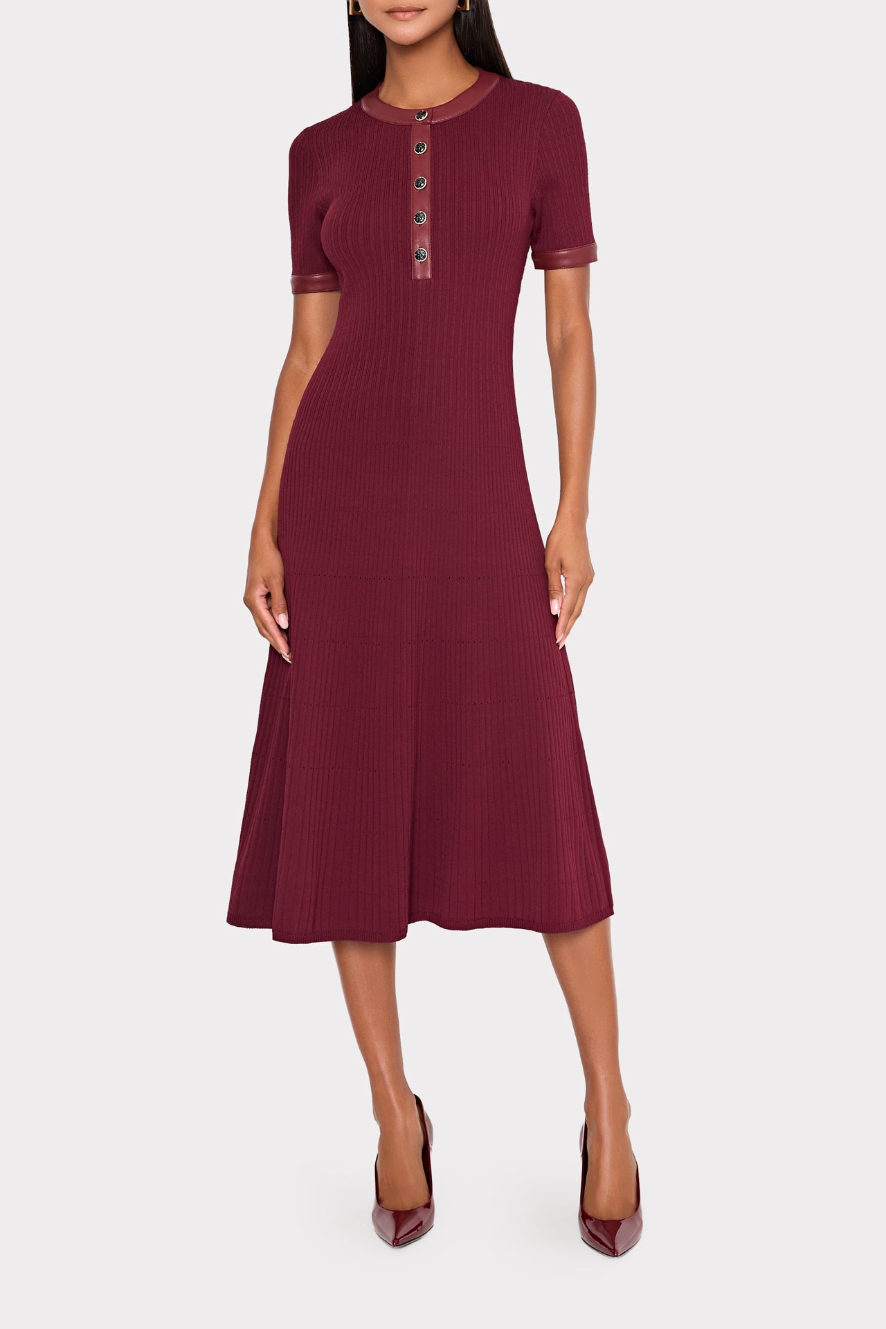 Milly Leather Detail Knit Midi Dress - Burgundy Milly Leather Detail Knit Midi Dress - Burgundy