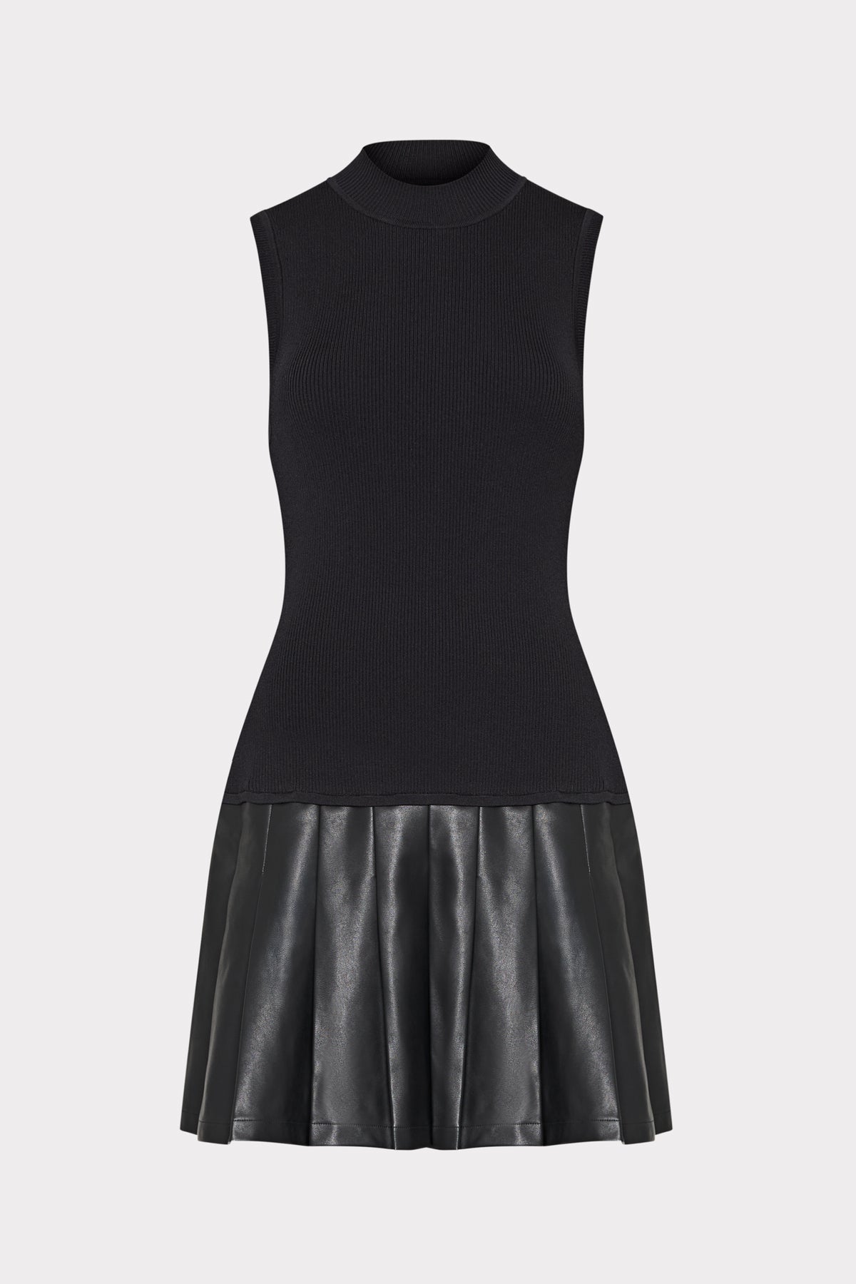 Black sleeveless dress with a leather skirt on a white background