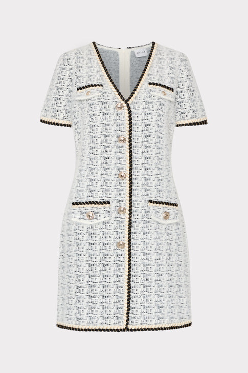 Braided V-Neck Knit Mini Dress Ecru/Black Image 1 of 5