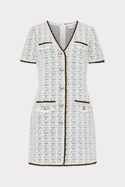 Braided V-Neck Knit Mini Dress in Ecru/Black | MILLY
