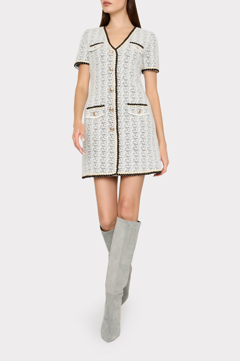 Braided V-Neck Knit Mini Dress Ecru/Black Image 2 of 5