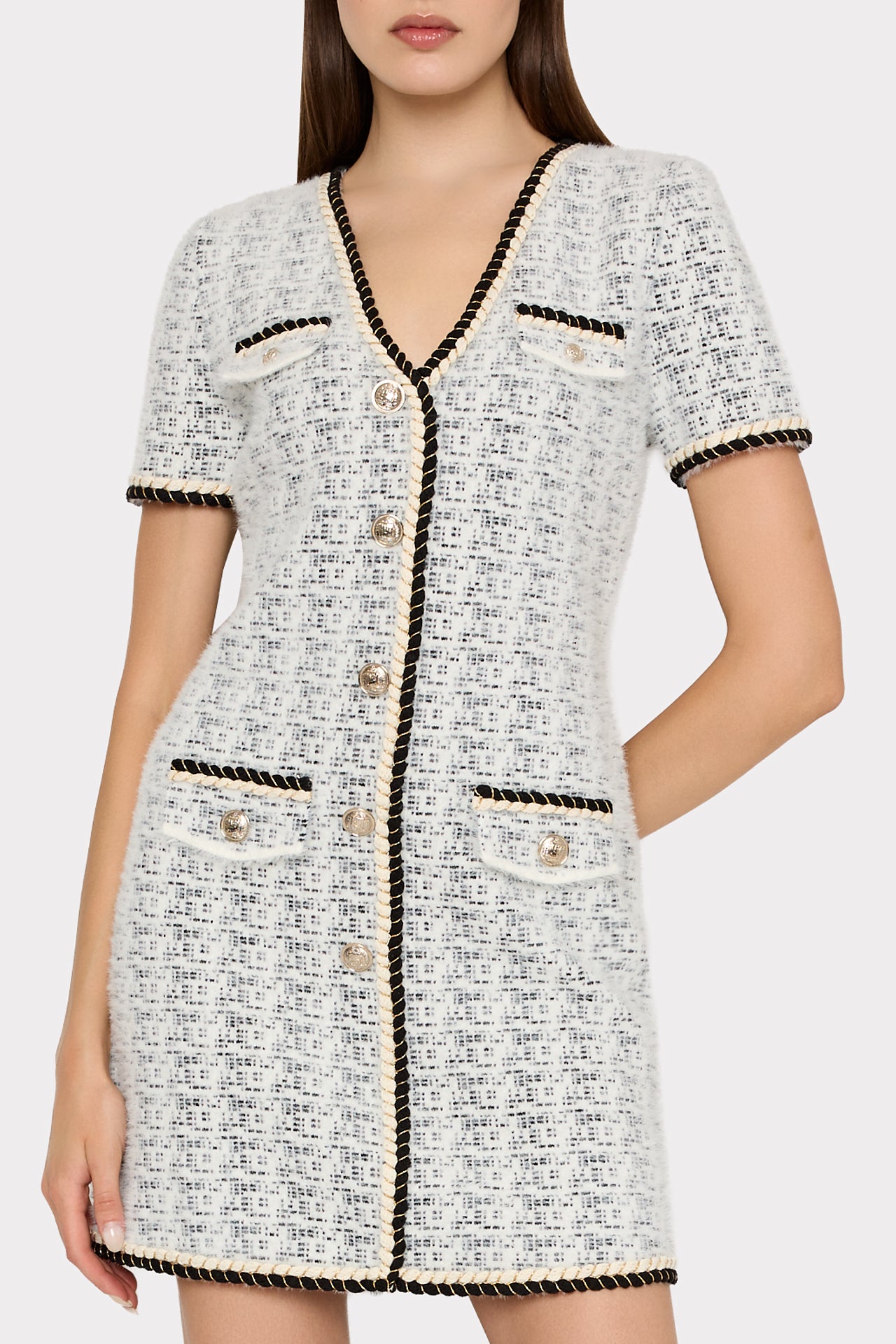 Braided V-Neck Knit Mini Dress - Ecru/Black Braided V-Neck Knit Mini Dress - Ecru/Black