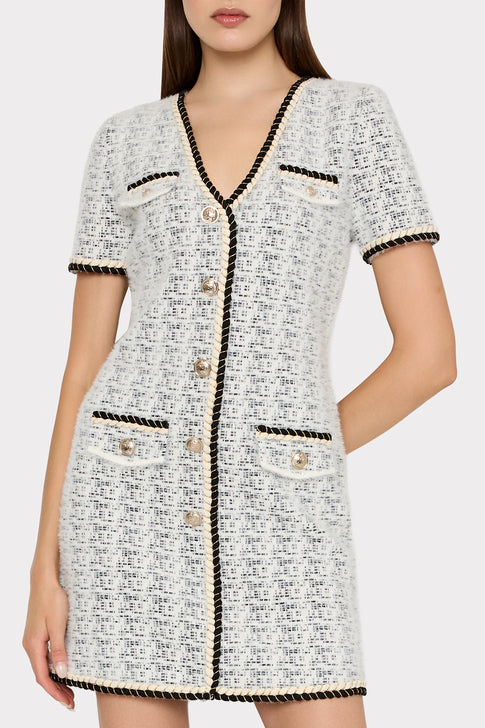 Braided V-Neck Knit Mini Dress Ecru/Black Image 4 of 5