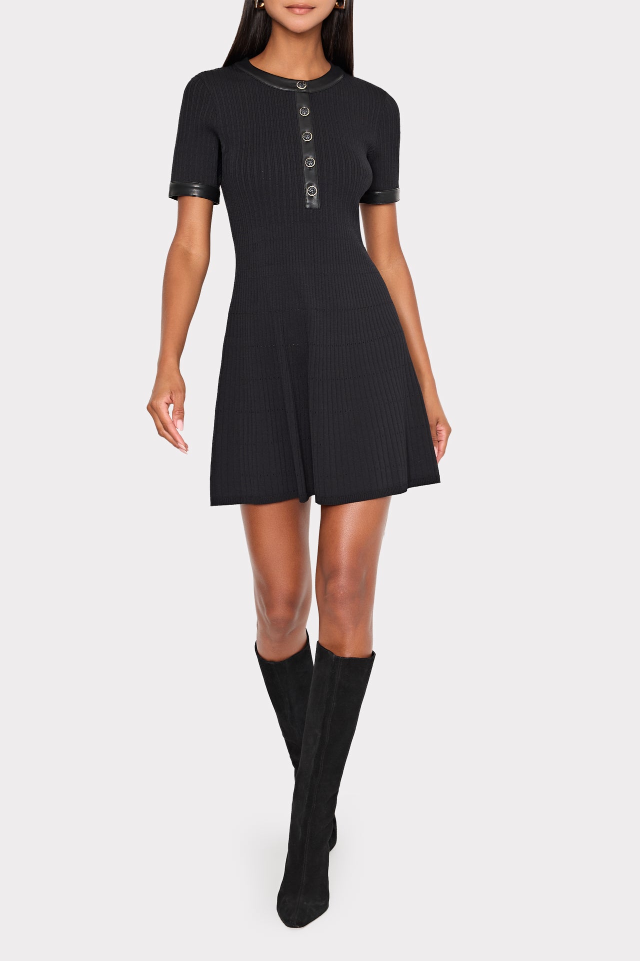 Leather Detail Flare Knit Mini Dress in Black | MILLY