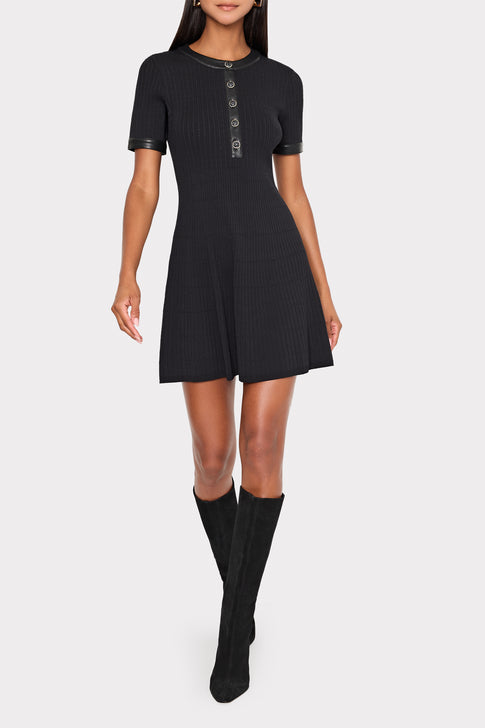 Leather Detail Flare Knit Mini Dress Black Image 2 of 4