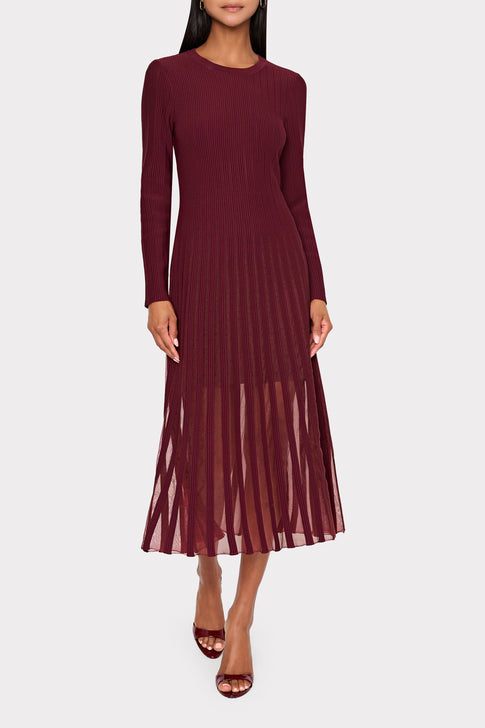 Sheer Knit Long Sleeve Midi Dress Burgundy Image 2 of 5