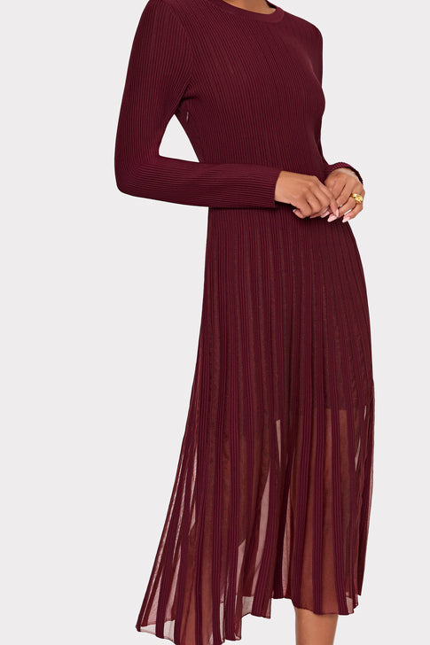 Sheer Knit Long Sleeve Midi Dress Burgundy Image 3 of 5