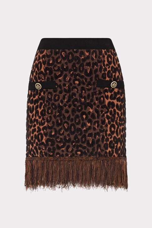 Multi Leopard Fringe Knit Mini Skirt - Front Flat View with Gold Buttons | MILLY