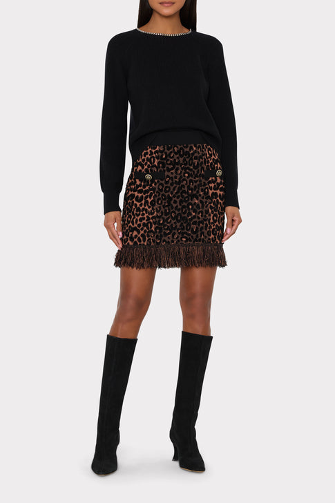 Multi Leopard Fringe Knit Skirt Styled with Black Sweater and Knee Boots - On Model | MILLY