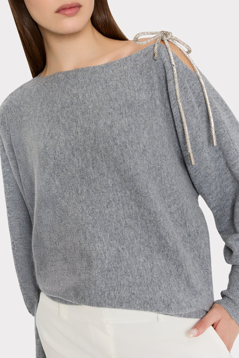 Ida Crystal Bow Cold Shoulder Sweater Heather Grey Image 3 of 4