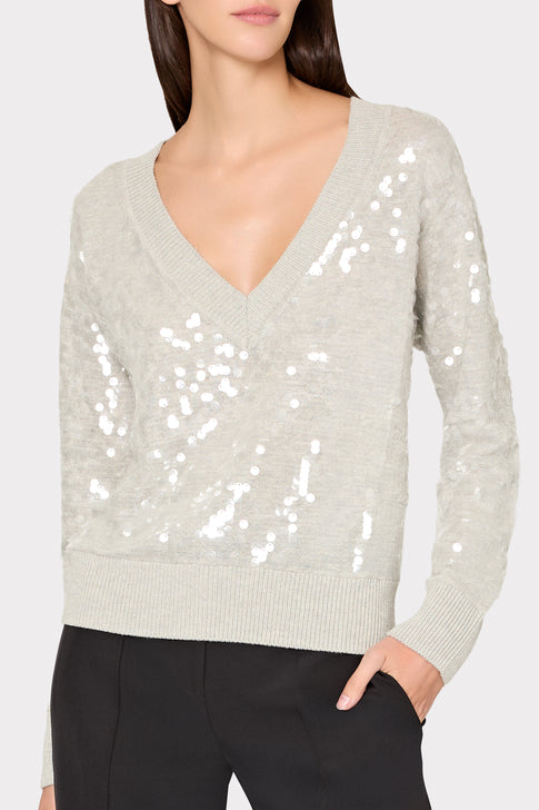 Ilaria Sequin V-Neck Sweater Light Heather Grey Image 3 of 5