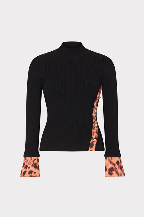 Printed Satin Cuff Knit Mock Neck Top Black/Cheetah Image 1 of 5