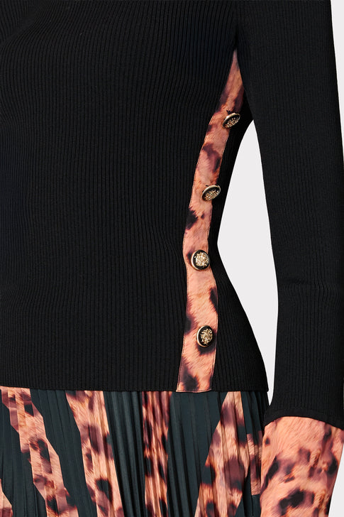 Printed Satin Cuff Knit Mock Neck Top Black/Cheetah Image 4 of 5