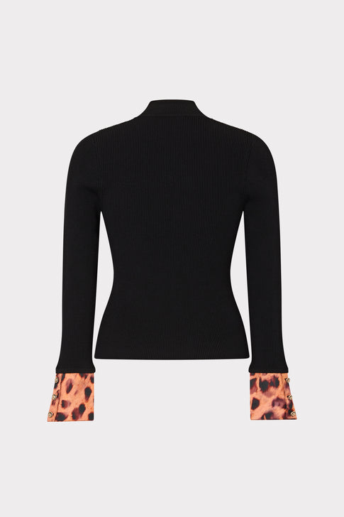 Printed Satin Cuff Knit Mock Neck Top Black/Cheetah Image 5 of 5