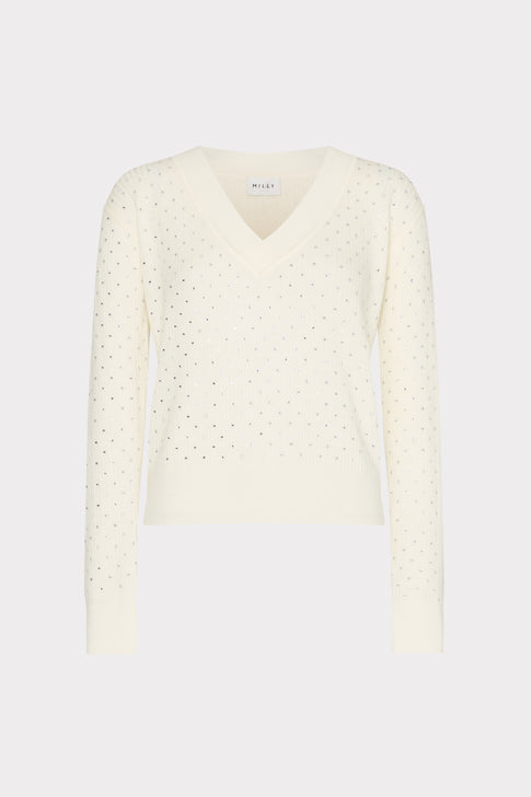 Rhinestone V-Neck Sweater Ecru Image 1 of 4