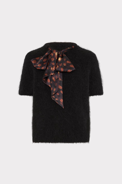Black Fuzzy Knit Sweater with Printed Bow Detail - Flat Lay | MILLY