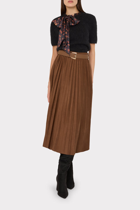 Black Fuzzy Bow Sweater Styled with Pleated Midi Skirt - On Model Front View | MILLY