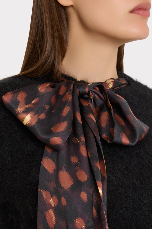 Black Fuzzy Knit Sweater Printed Satin Bow Neckline - Close-Up Detail | MILLY