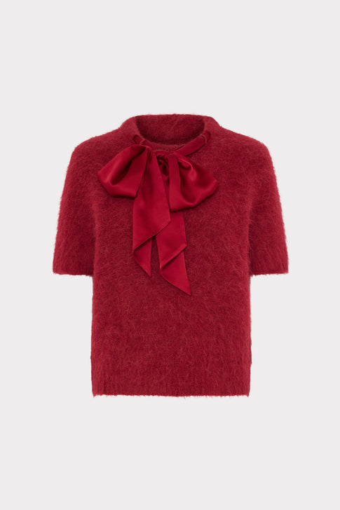 Burgundy Fuzzy Knit Sweater with Satin Bow Neckline - Front Flat Lay | MILLY