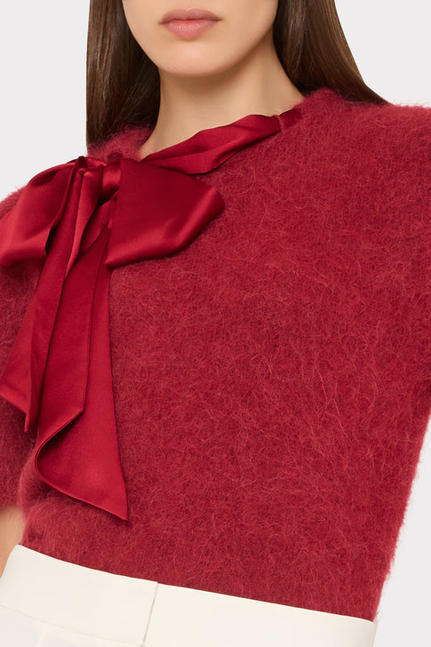 Burgundy Fuzzy Knit Sweater - Satin Bow Neckline Detail Close-Up | MILLY