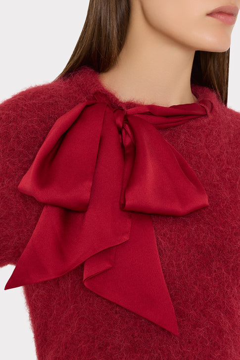 Burgundy Fuzzy Knit Sweater - Oversized Satin Bow Close-Up On Model | MILLY