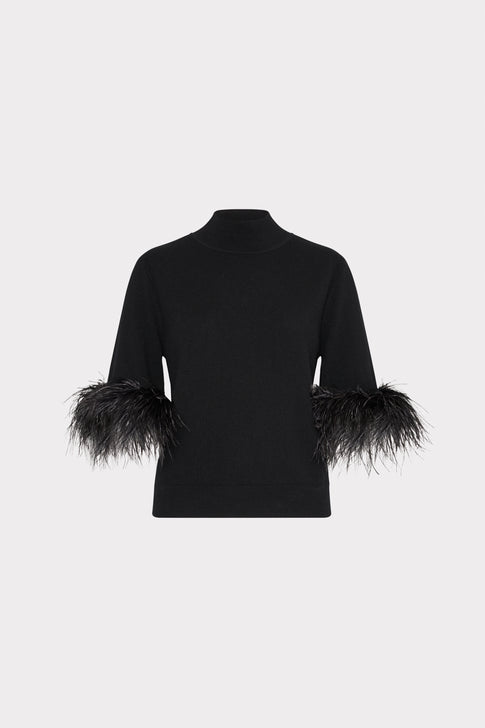 Short Sleeve Feather Mock Neck Sweater Black Image 1 of 5