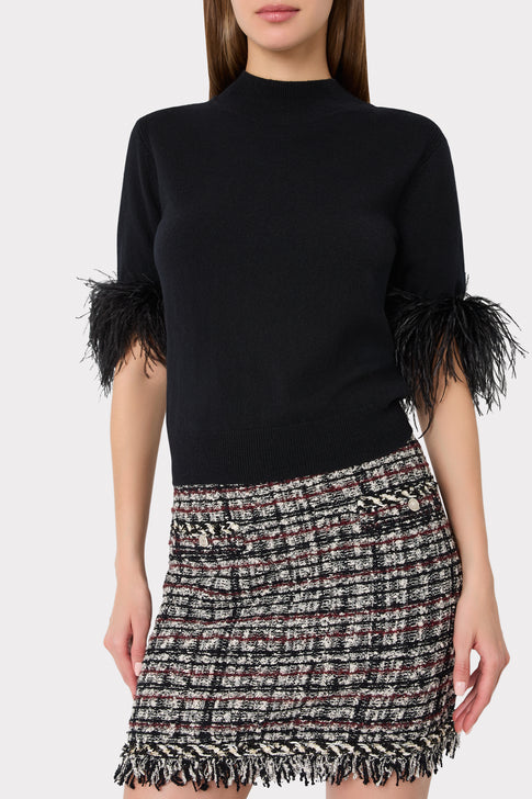 Black Elegant Feather Cuff Mock Neck Sweater with Tweed Skirt - Cropped Front View | MILLY