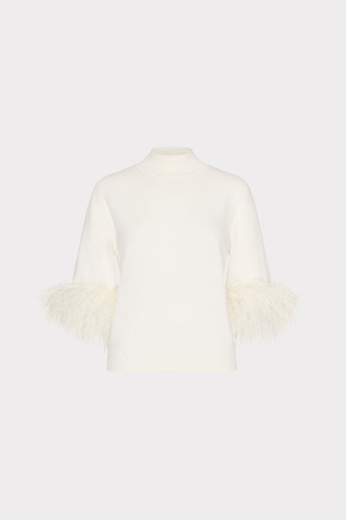 Short Sleeve Feather Mock Neck Sweater Ecru Image 1 of 4