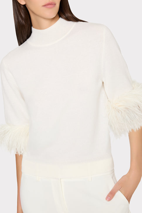 Short Sleeve Feather Mock Neck Sweater Ecru Image 3 of 4