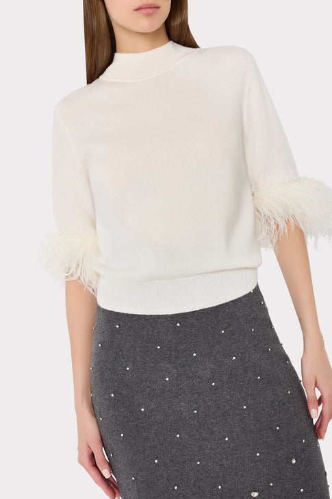 Ecru Elegant Knit Sweater - Front Crop View Showing Feather Cuff Detail | MILLY