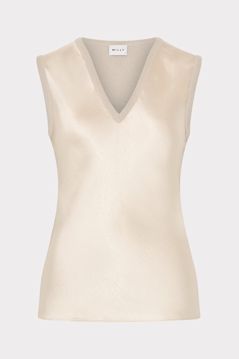 Satin Knit Combination V-Neck Top Beige Image 1 of 5