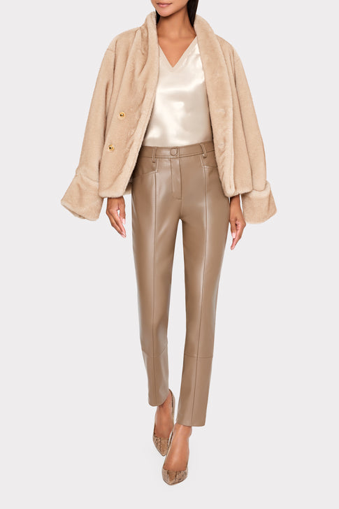 Satin Knit Combination V-Neck Top Beige Image 3 of 5