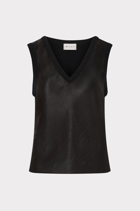 Black Satin Knit Combination V-Neck Shell Top - Front Flat View | MILLY