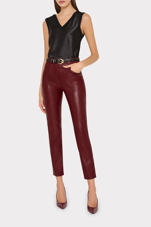 Black Elegant Satin V-Neck Shell Top On Model with Burgundy Trousers - Front View | MILLY