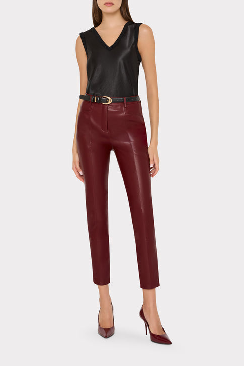 Black Satin Knit Shell Top On Model with Burgundy Trousers - Side View | MILLY