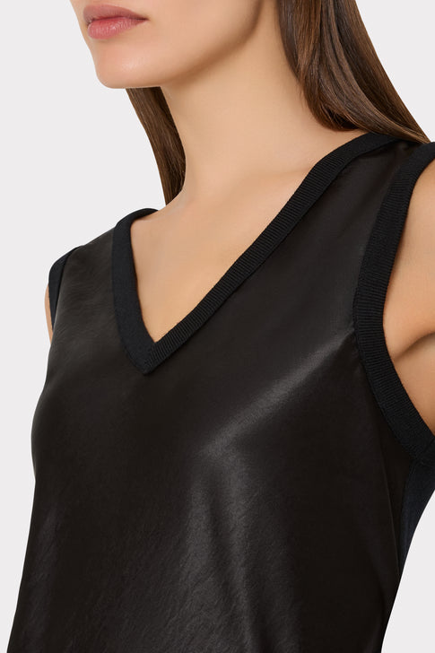 Black Satin Knit V-Neck Shell Top - Knit Trim V-Neckline Close-Up Detail | MILLY