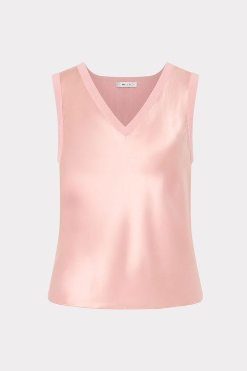Blush Satin Knit V-Neck Shell Top - Front View | MILLY