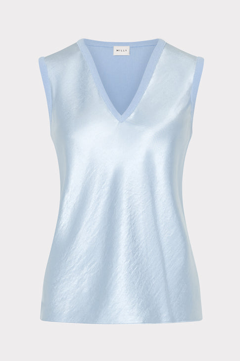Satin Knit Combination V-Neck Top Light Blue Image 1 of 4