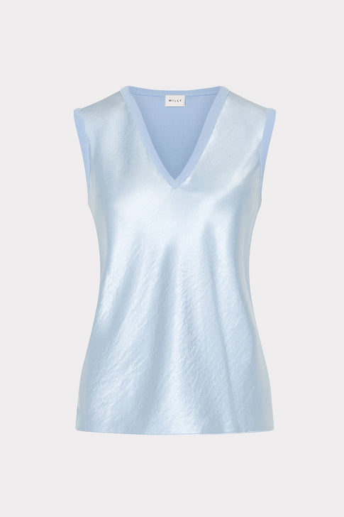 Light blue satin knit sleeveless v-neck top - Front View | MILLY