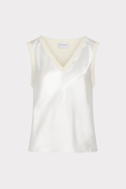 White Satin Knit V-Neck Shell Top - Front View | MILLY